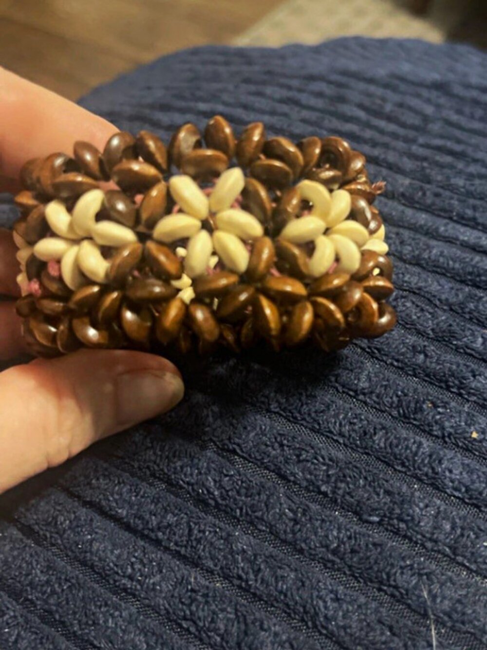 Brown & Cream Wood Beaded Stretch Bracelet, Unisex Adults, No Stone